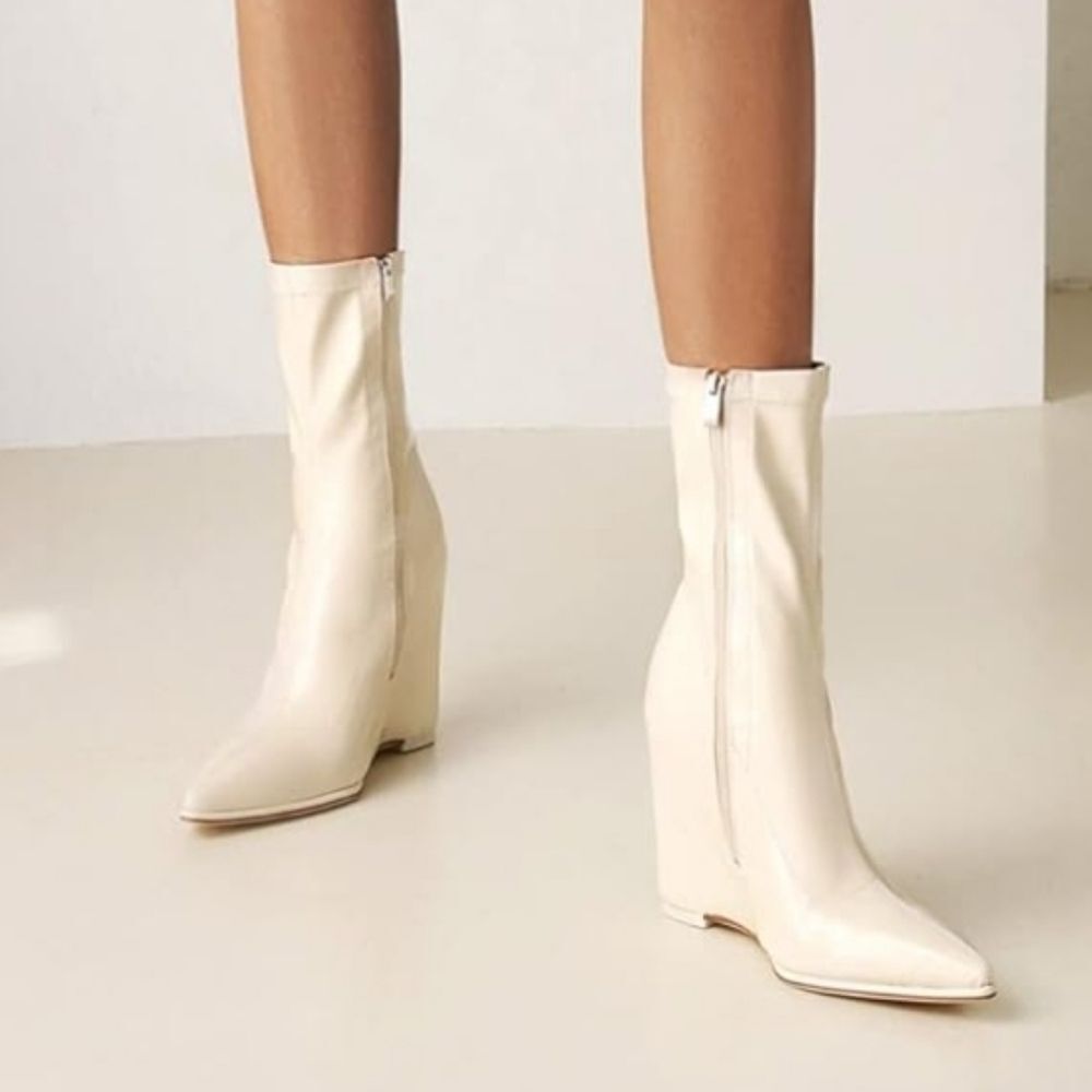 Vivianly Ivory Wedge Heel Stretch PU Side Zip Mid Calf Sock Boots, 10